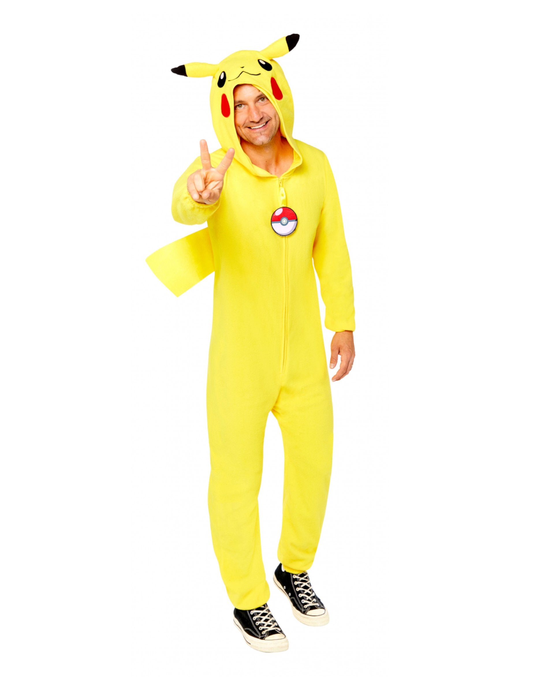 Pikachu-Pokémon-Kostüm-Overall für Erwachsene, gelb, mit Kapuze und Pokéball