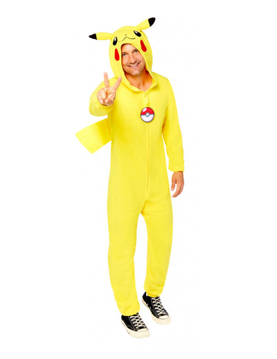 Pikachu-Pokémon-Kostüm-Overall für Erwachsene, gelb, mit Kapuze und Pokéball