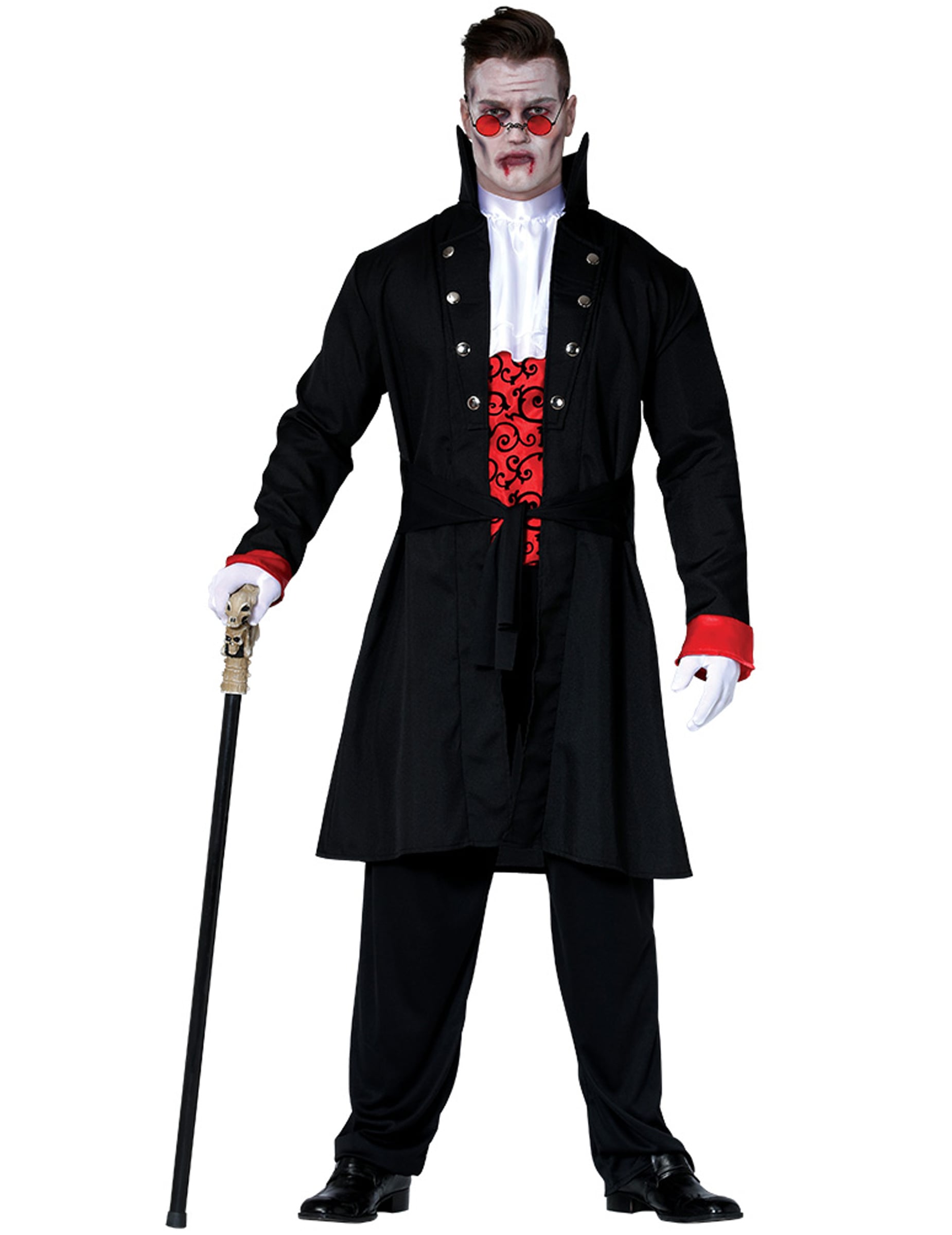 Déguisement de comte vampire pour homme noir et rouge avec long manteau