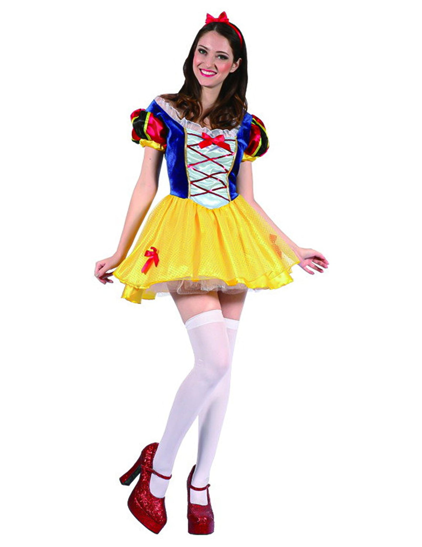 Déguisement conte de fée pour femme jaune bleu et rouge avec serre-tête