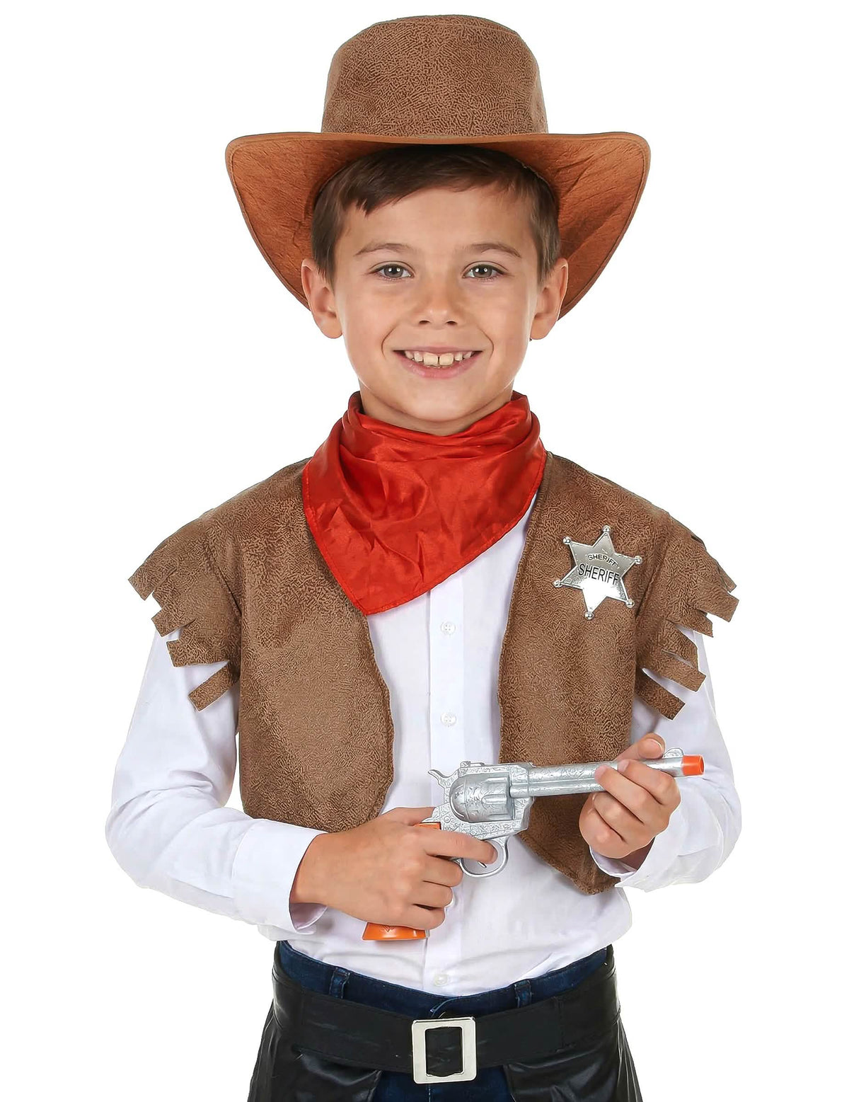 Nahaufnahme des Braunwestens und des Sterns des Sheriffs des Cowboy-Kostüms für Jungen