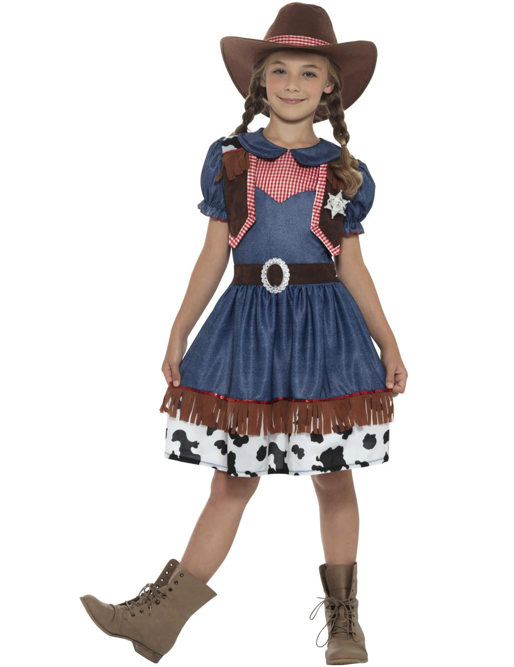 Texanisches Cowgirl-Kostüm für Mädchen Blau und Rot mit Kuh-Print und Hut