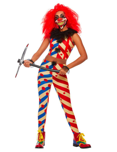Zweifarbiges Creepy-Clown-Kostüm für Damen in Rot und Blau mit Streifen und Punkten