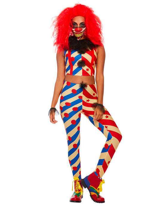 Frontansicht des zweifarbigen Creepy-Clown-Kostüms