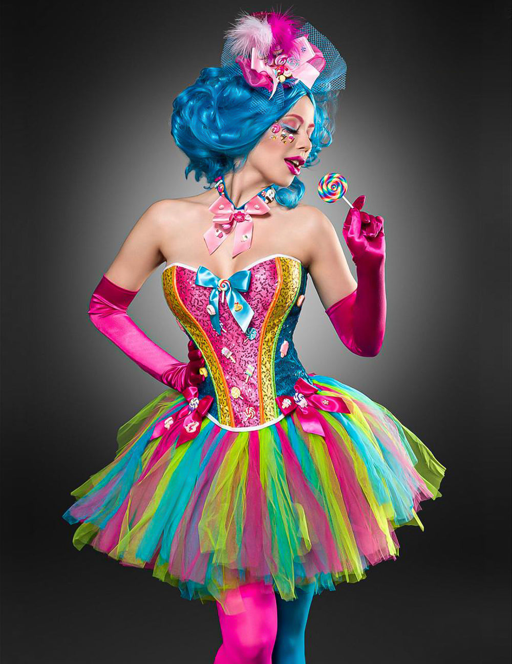 Vue de profil avec sucette du déguisement dame bonbons luxe pour femme