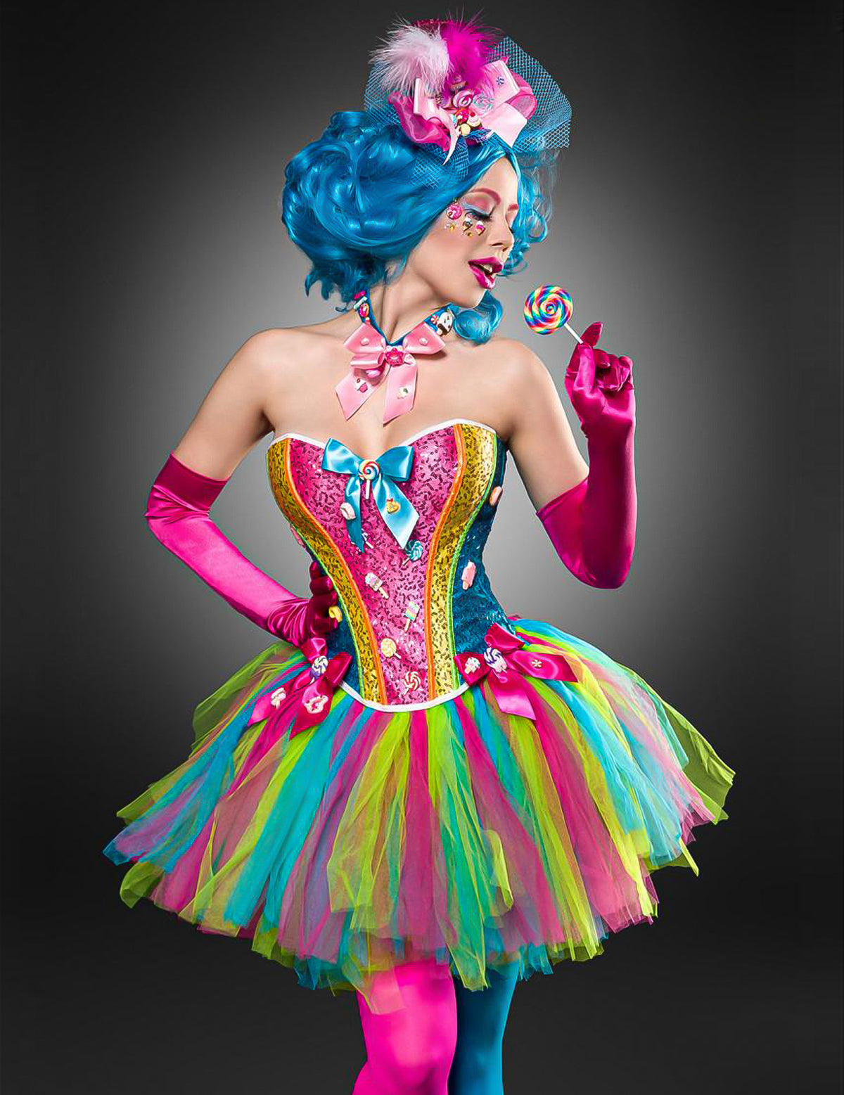 Vue de profil avec sucette du déguisement dame bonbons luxe pour femme