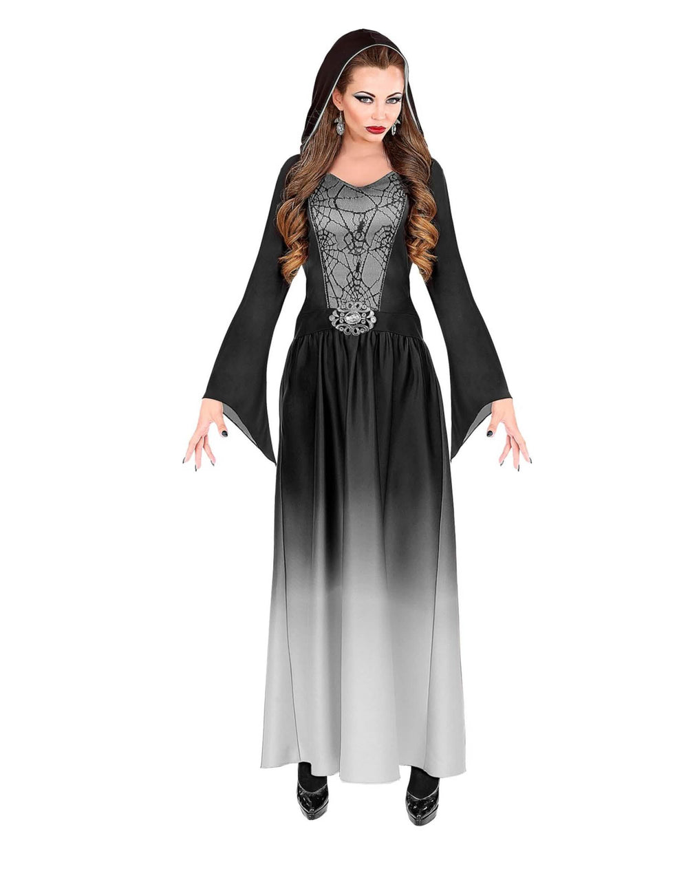 Gotisches Vampir-Damenkostüm für Damen mit Schwarz und White-Verlauf und Kapuze