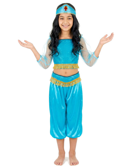 Déguisement de danseuse orientale pour fille bleu avec franges dorées et bandeau