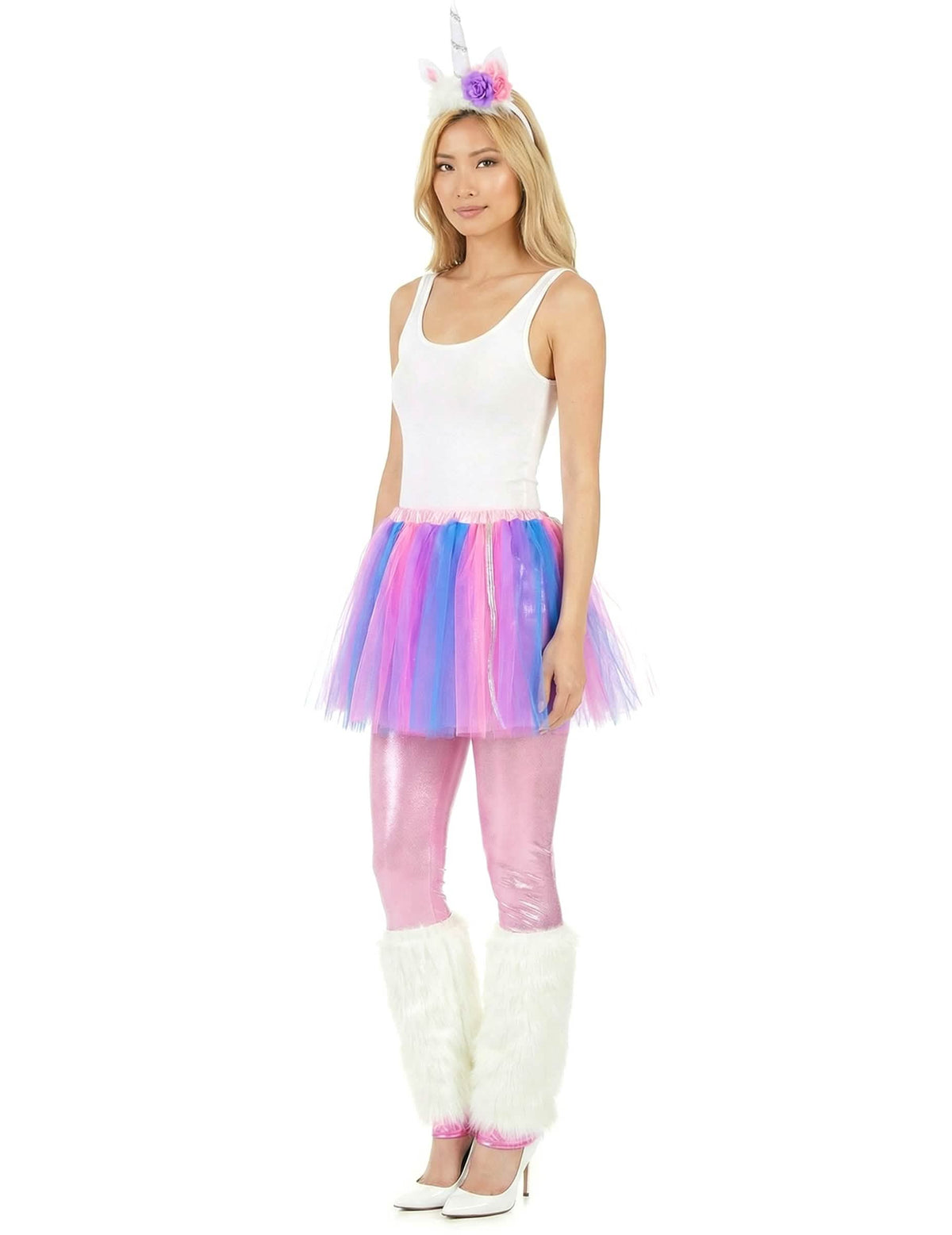 Vue de trois-quarts du déguisement de licorne multicolore pour femme