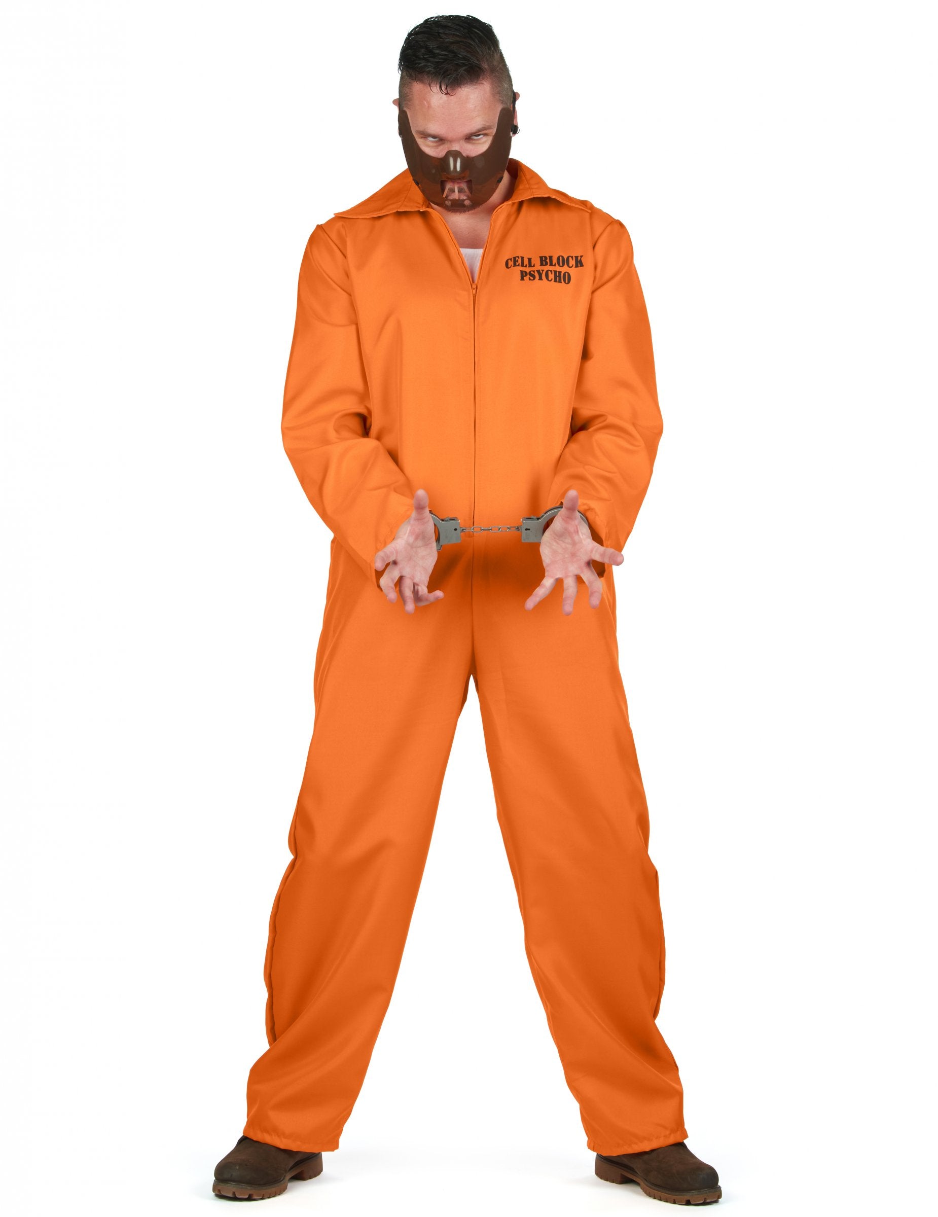 Déguisement de prisonnier cannibale pour homme orange avec masque et menottes