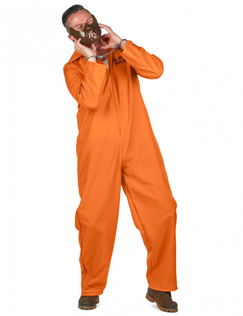 Vue de face avec masque et menottes du déguisement de prisonnier cannibale