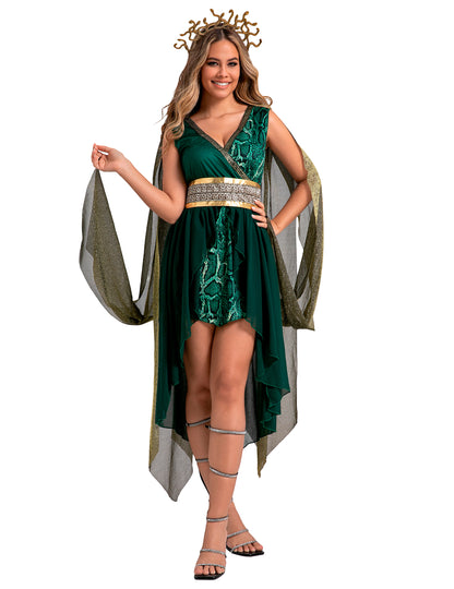 Déguisement déesse Médusa pour femme vert et doré avec serre-tête serpents