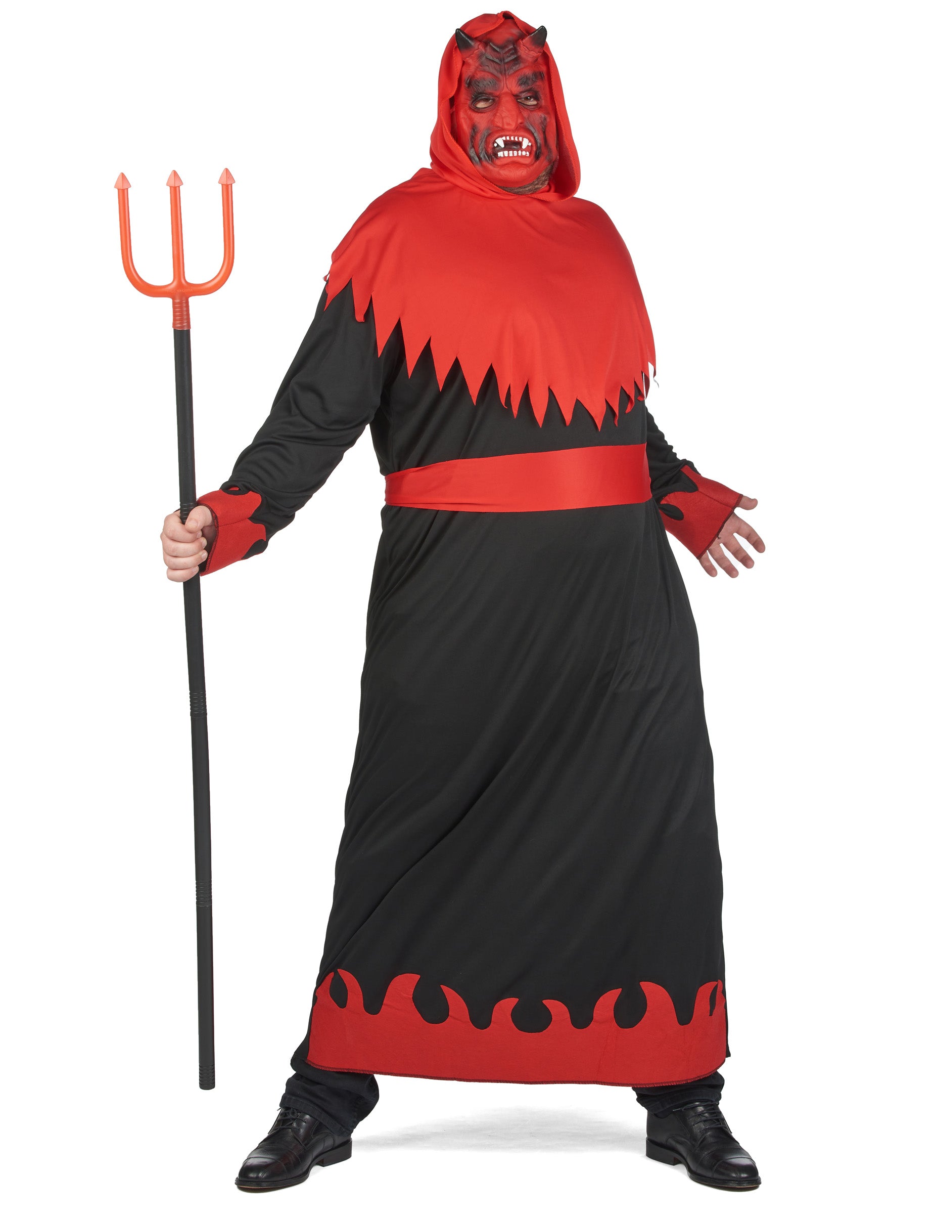 Vue de face avec trident du déguisement de diable des enfers