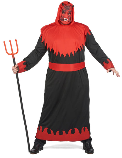 Vue de face du déguisement de diable des enfers avec le trident rouge et le masque