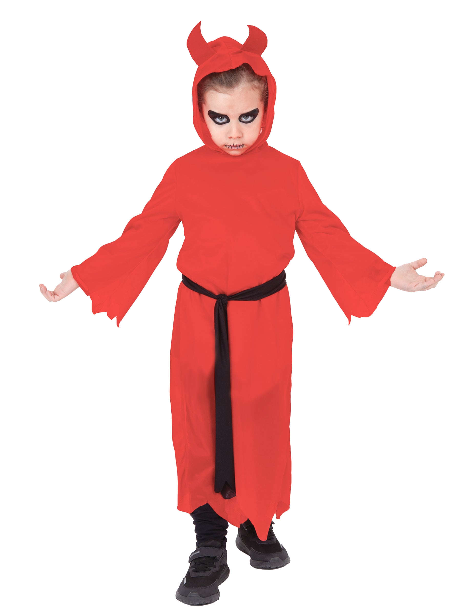 Déguisement de diable pour enfant rouge avec capuche à cornes et ceinture noire