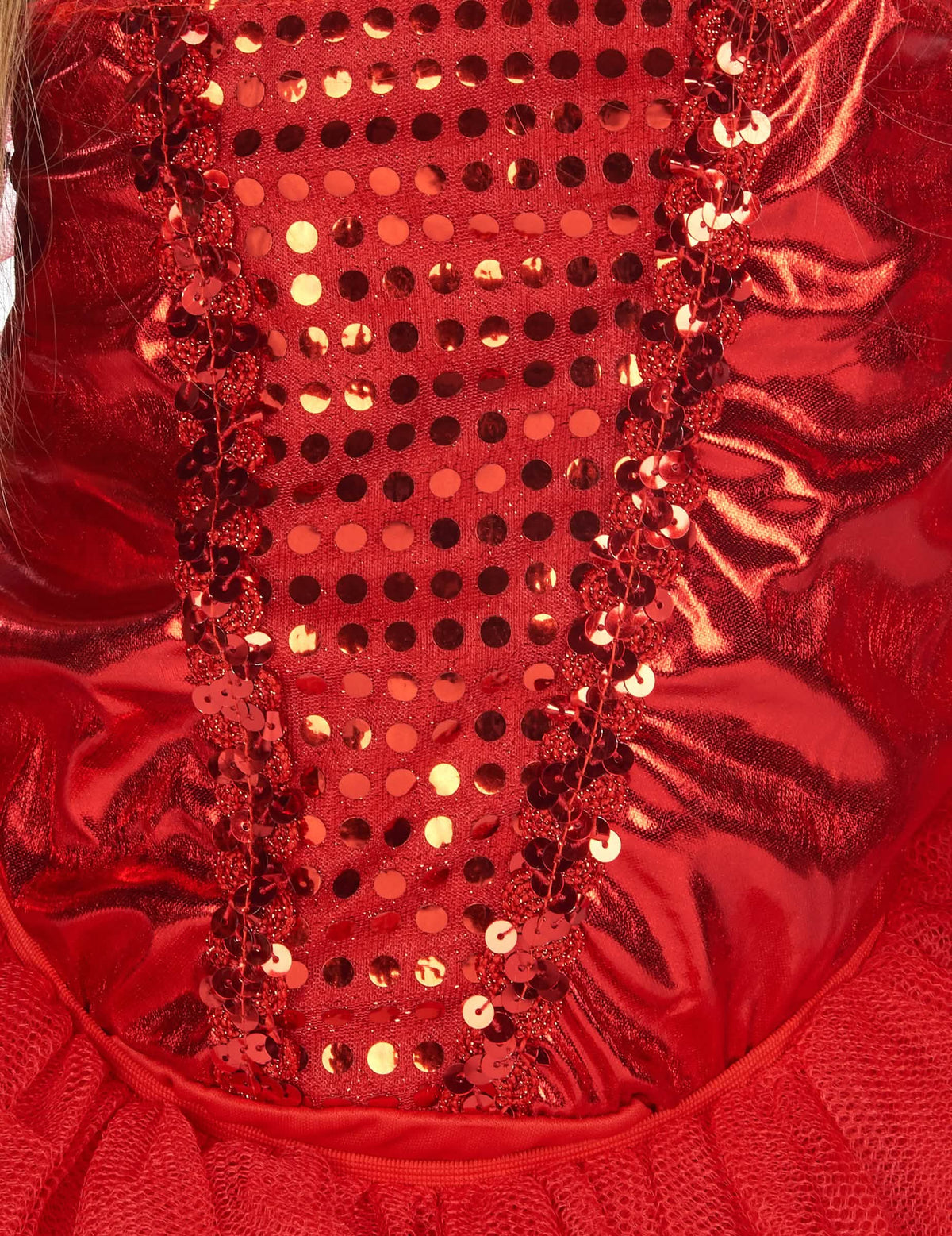 Detail der roten Pailletten des Bustiers des Teufelin-Kostüms mit Tutu