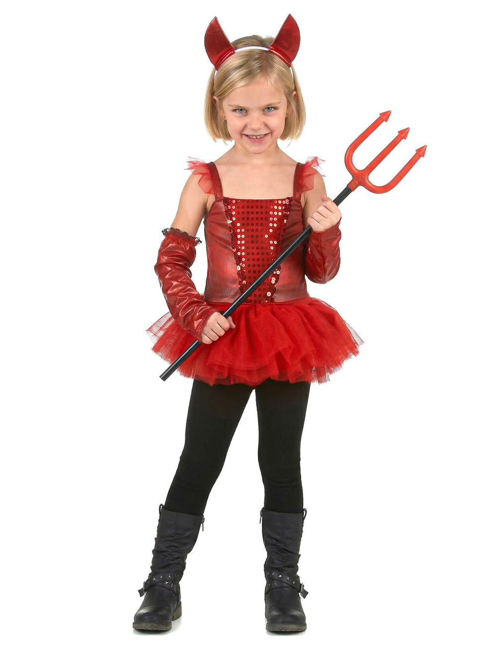 Dämonin-Tutu-Kostüm für Mädchen Rot mit Pailletten, Hörnern und Dreizack