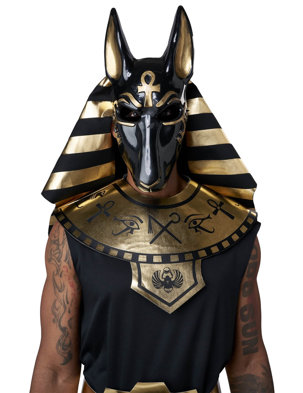 Detail der Kopfbedeckung und des goldenen Kragens des Anubis-Gott-Kostüms Luxus