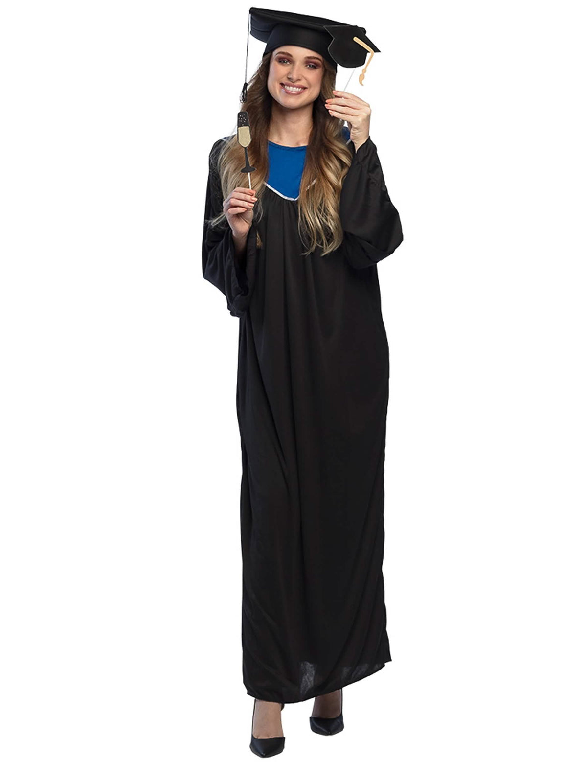 Déguisement de diplômé pour adulte noir avec chapeau et col bleu