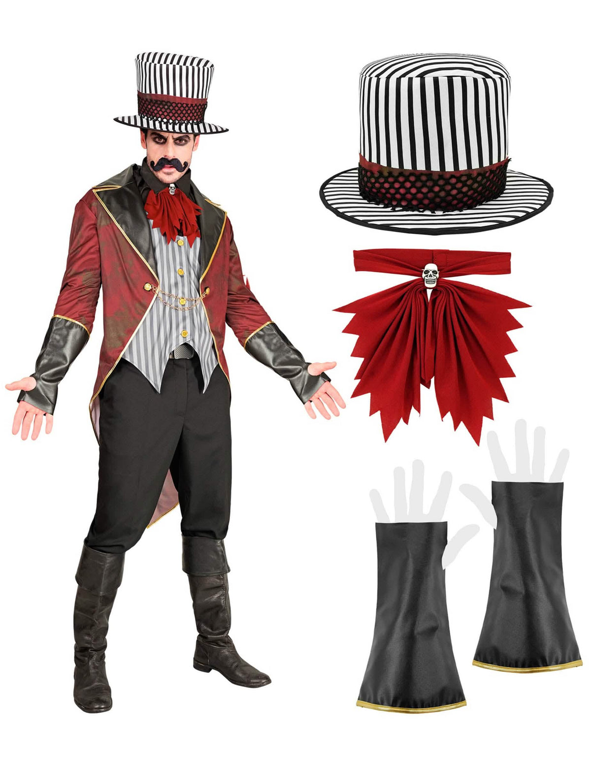 Détail des accessoires du déguisement de directeur de cirque sinistre pour adulte