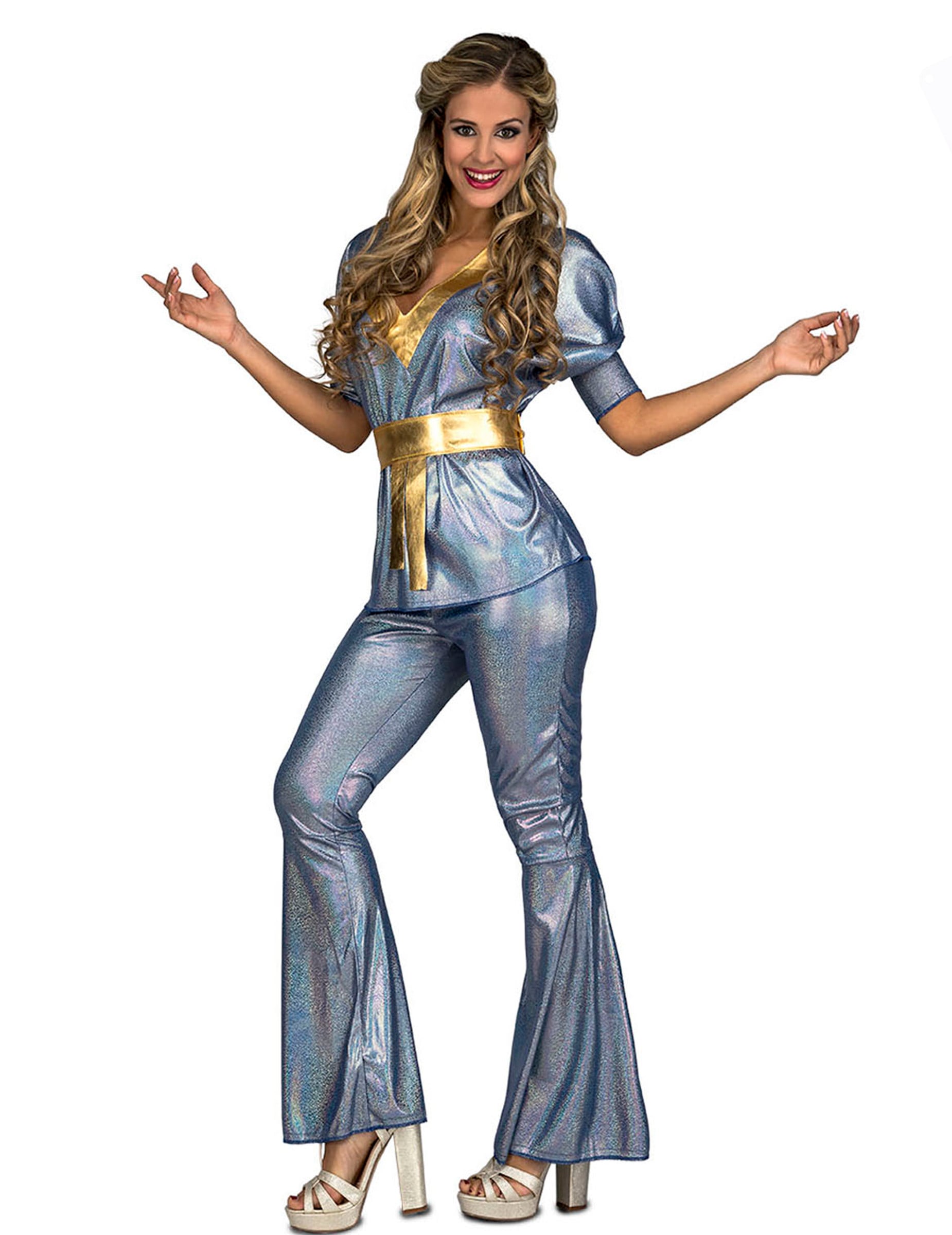 Déguisement disco pour femme argent brillant avec ceinture dorée