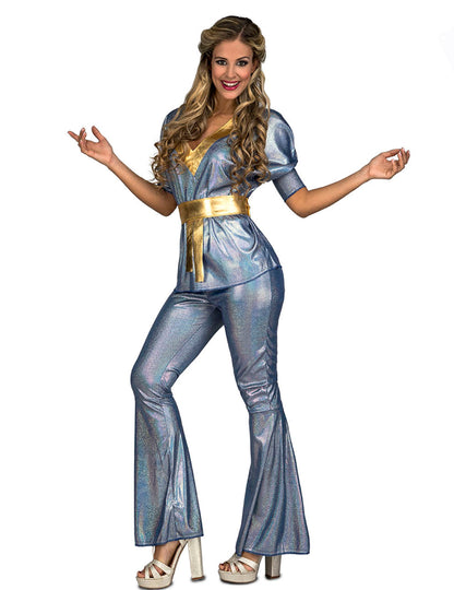 Déguisement disco pour femme argent brillant avec ceinture dorée