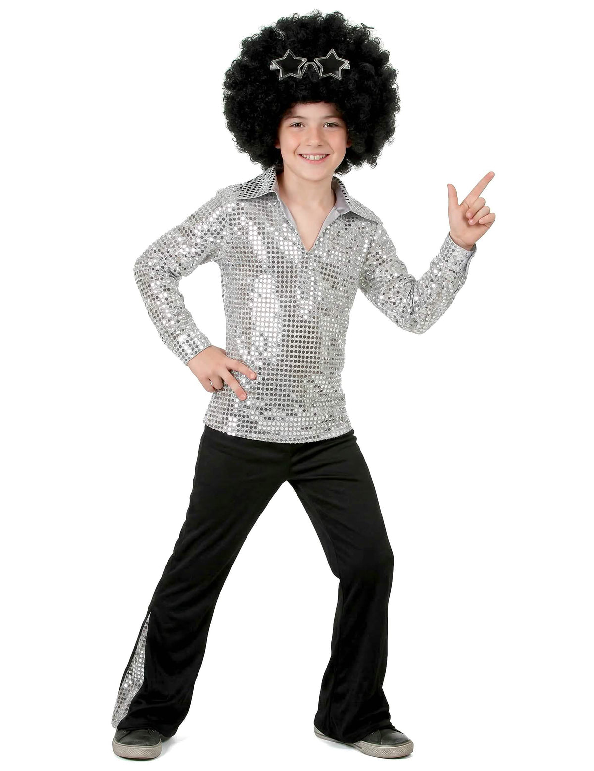 Disco-Pose des Disco (70er)-Kostüms für Jungen in Farbe Silber mit Pailletten