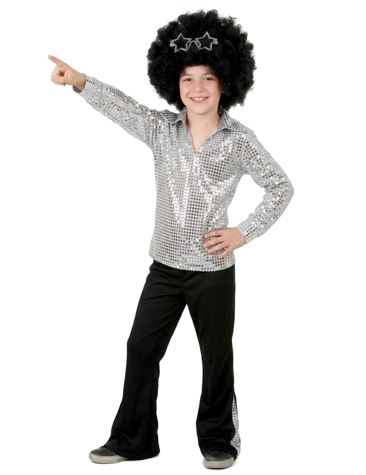 Vorderansicht des Disco (70er)-Kostüms für Jungen Farbe Silber mit Pailletten