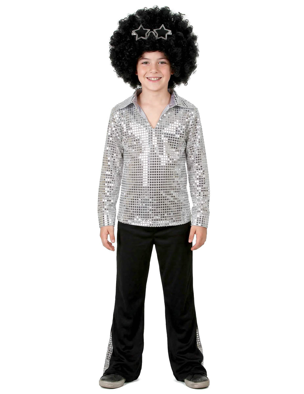 Übersicht über das Disco (70er)-Kostüm für Jungen in Farbe Silber mit Pailletten