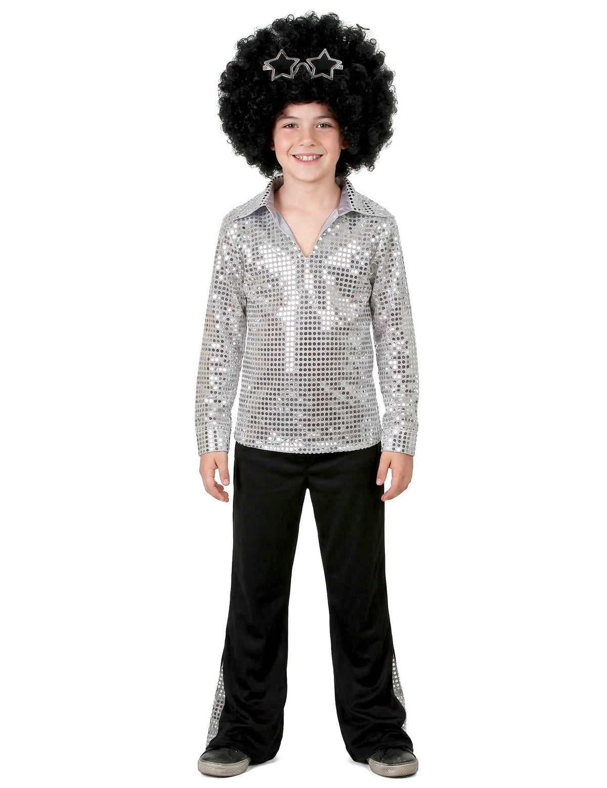 Übersicht über das Disco (70er)-Kostüm für Jungen in Farbe Silber mit Pailletten