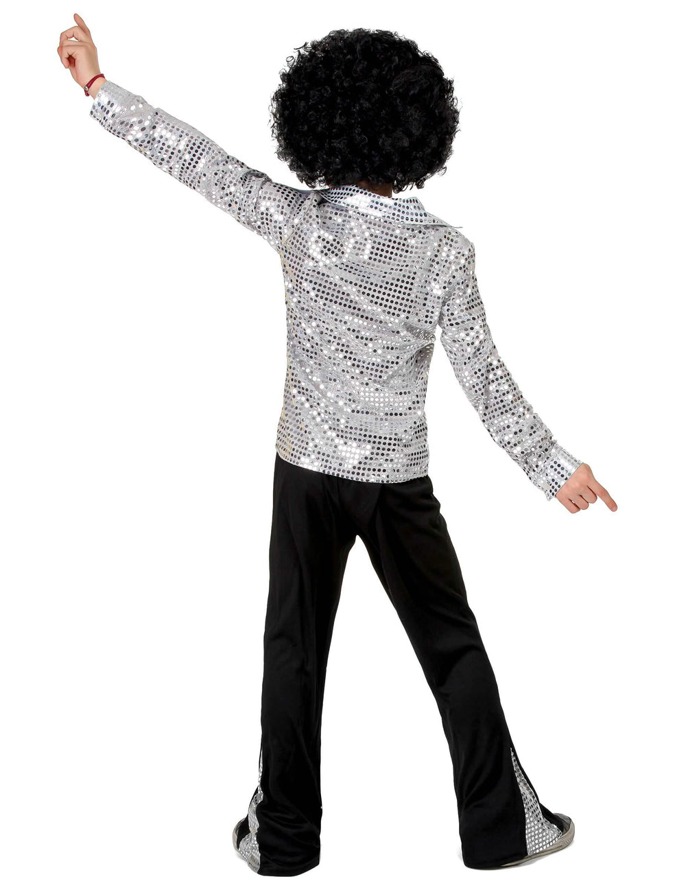 Rückansicht des Disco (70er)-Kostüms für Jungen Farbe Silber mit Pailletten
