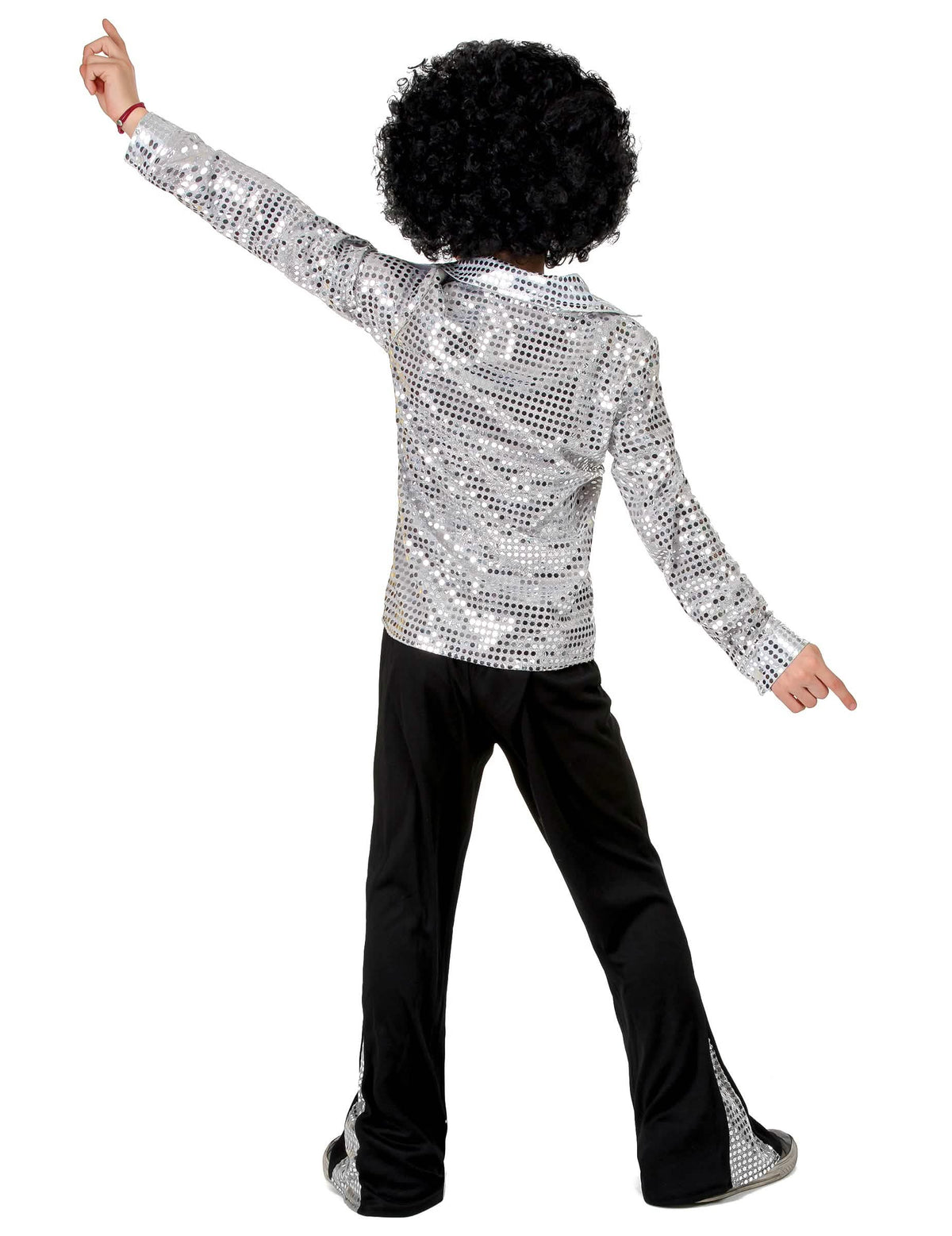 Rückansicht des Disco (70er)-Kostüms für Jungen Farbe Silber mit Pailletten