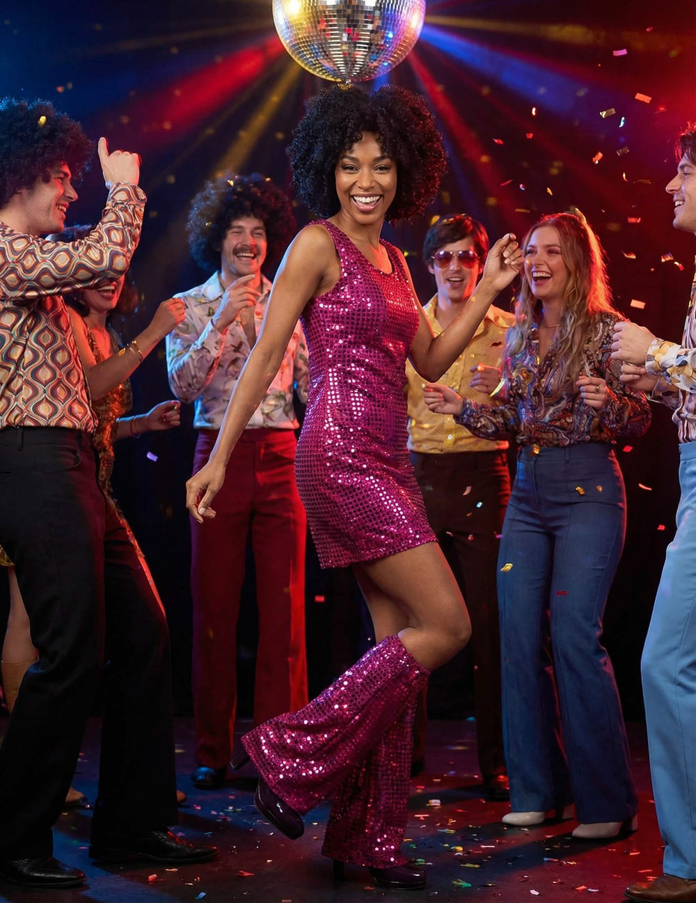 Inszenierung des Disco (70er)-Kostüms für Damen in Fuchsia mit Pailletten