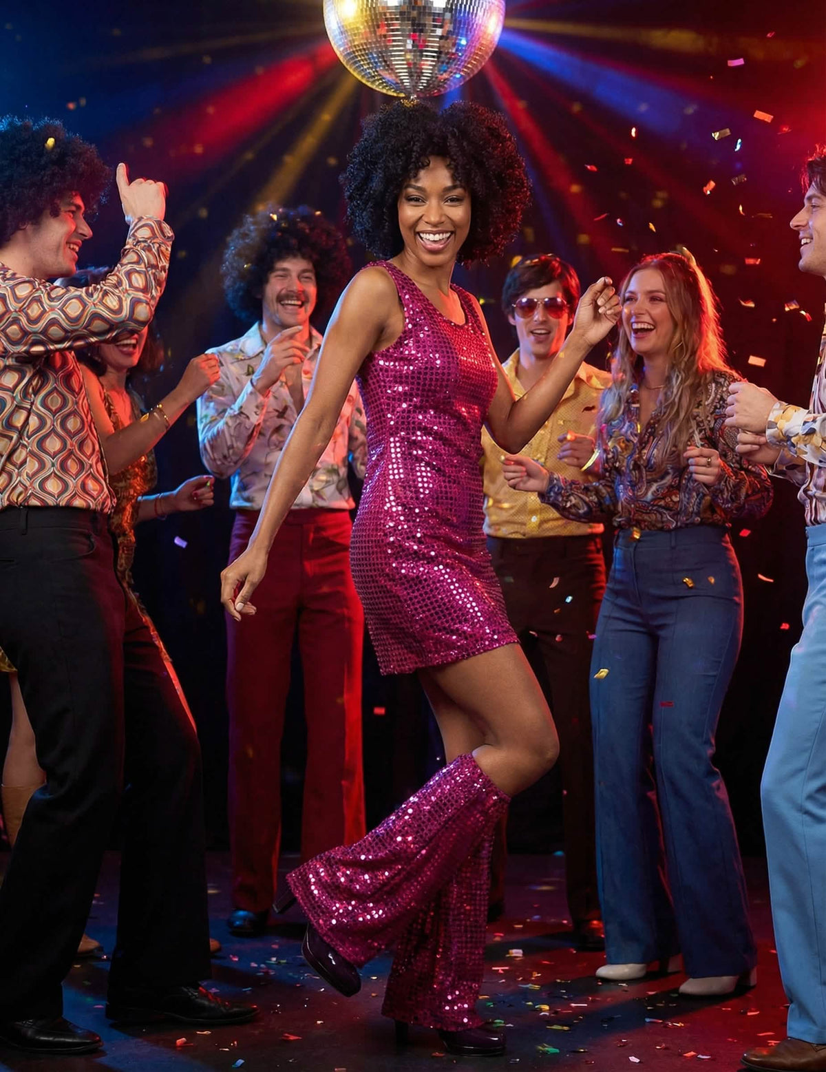 Inszenierung des Disco (70er)-Kostüms für Damen in Fuchsia mit Pailletten