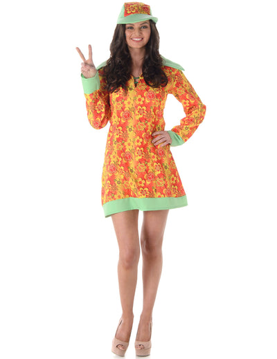 Disco-Hippie-Kostüm für Damen in Orange und Gelb mit Blumenmuster und Mütze