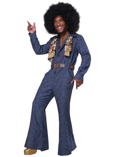 Disco-Kostüm für Herren in Blau mit Jeans-Effekt und braunem Gürtel