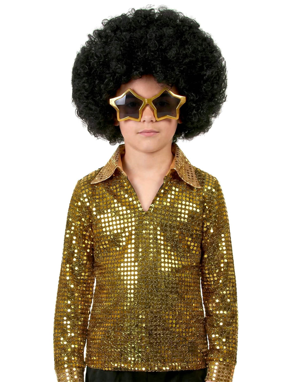 Großaufnahme des Paillettenhemds und der Sternbrillen des Disco (70er)-Kostüms für Jungen
