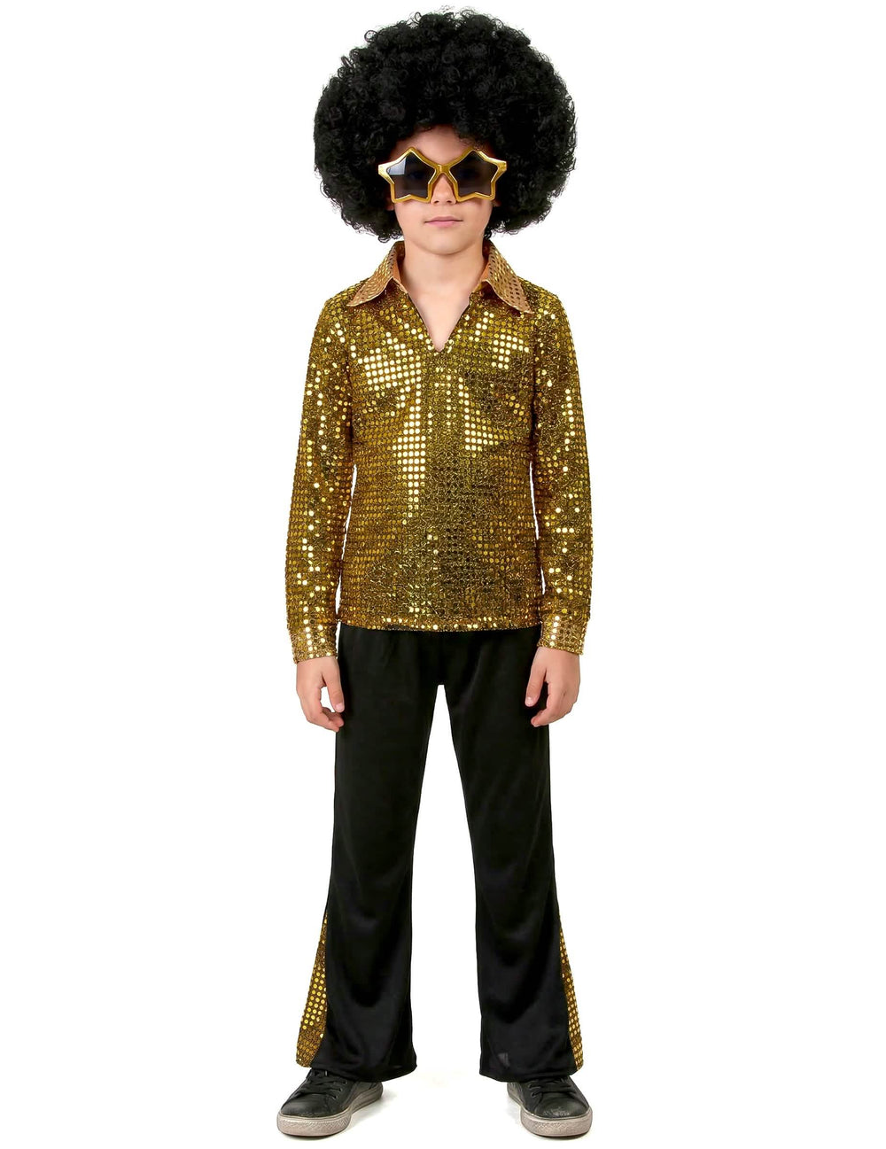 Vorderansicht des Disco (70er)-Festoutfits für Jungen in Farbe Gold mit Pailletten
