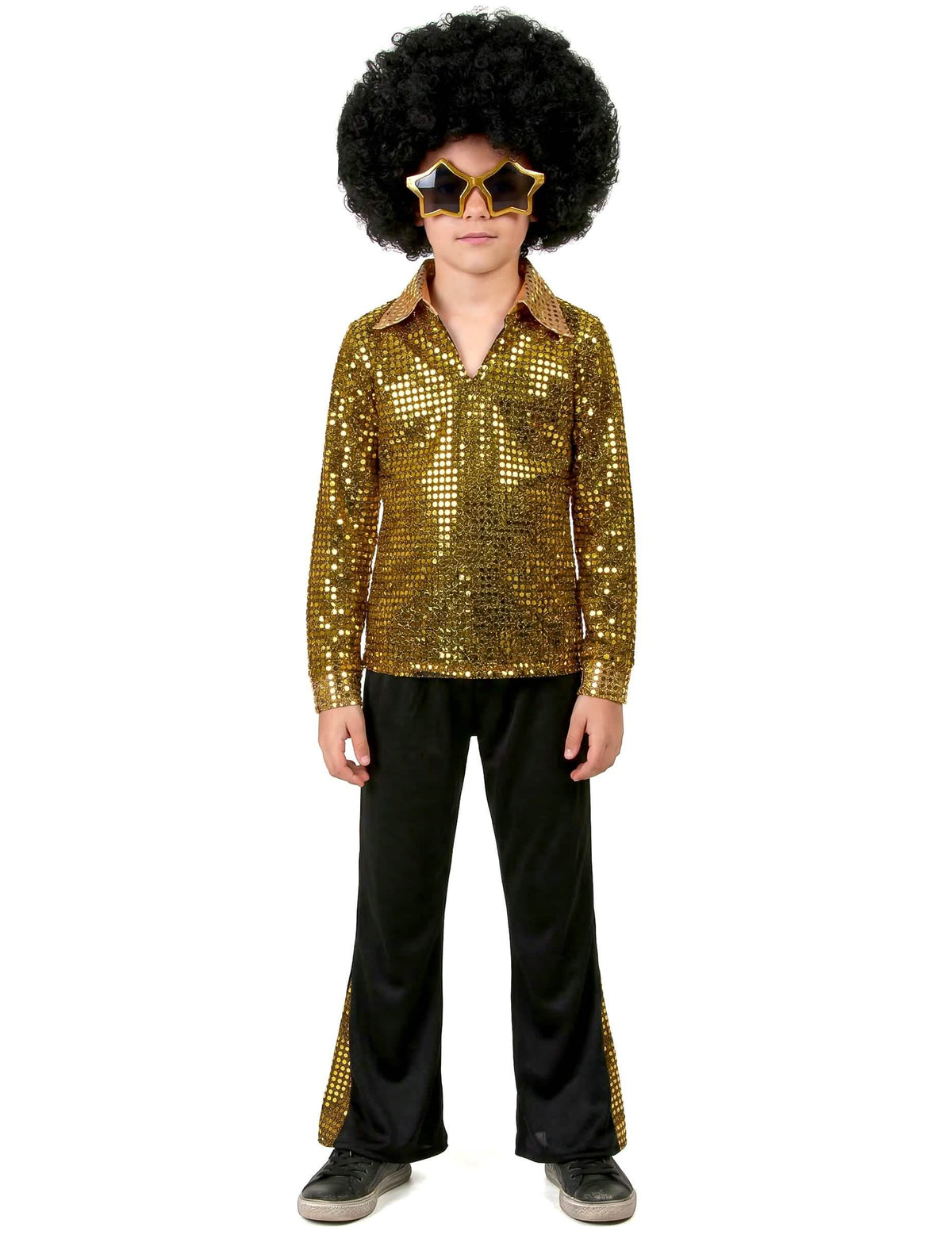 Vorderansicht des Disco (70er)-Festoutfits für Jungen in Farbe Gold mit Pailletten