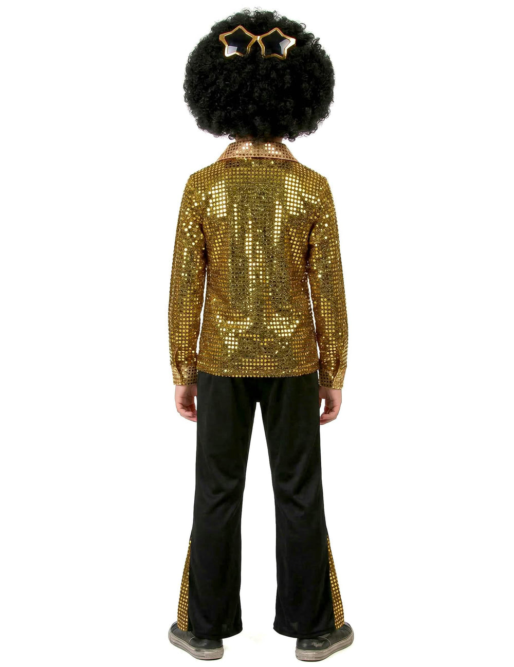 Rückansicht des Disco (70er)-Kostüms für Jungen Farbe Gold mit Pailletten