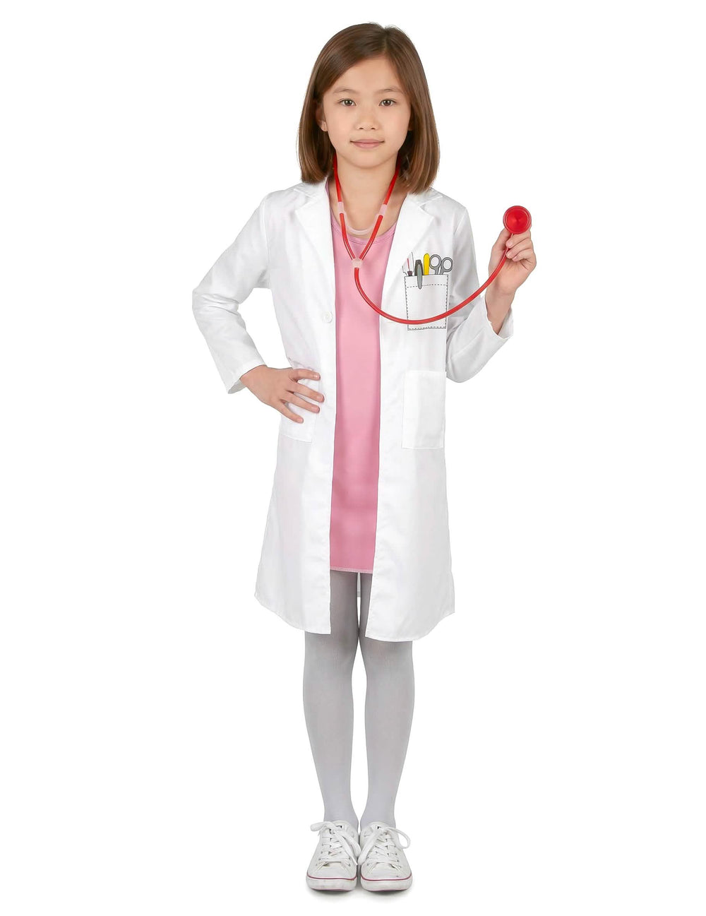 Arztkostüm für Mädchen Weiß mit Rosa, Pinkem Kleid und Rotem Stethoskop