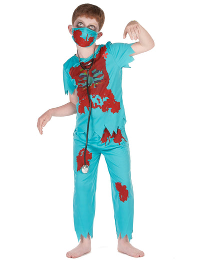 Zombie-Arztkostüm für Jungen, türkisblau, blutig, mit Maske und Stethoskop