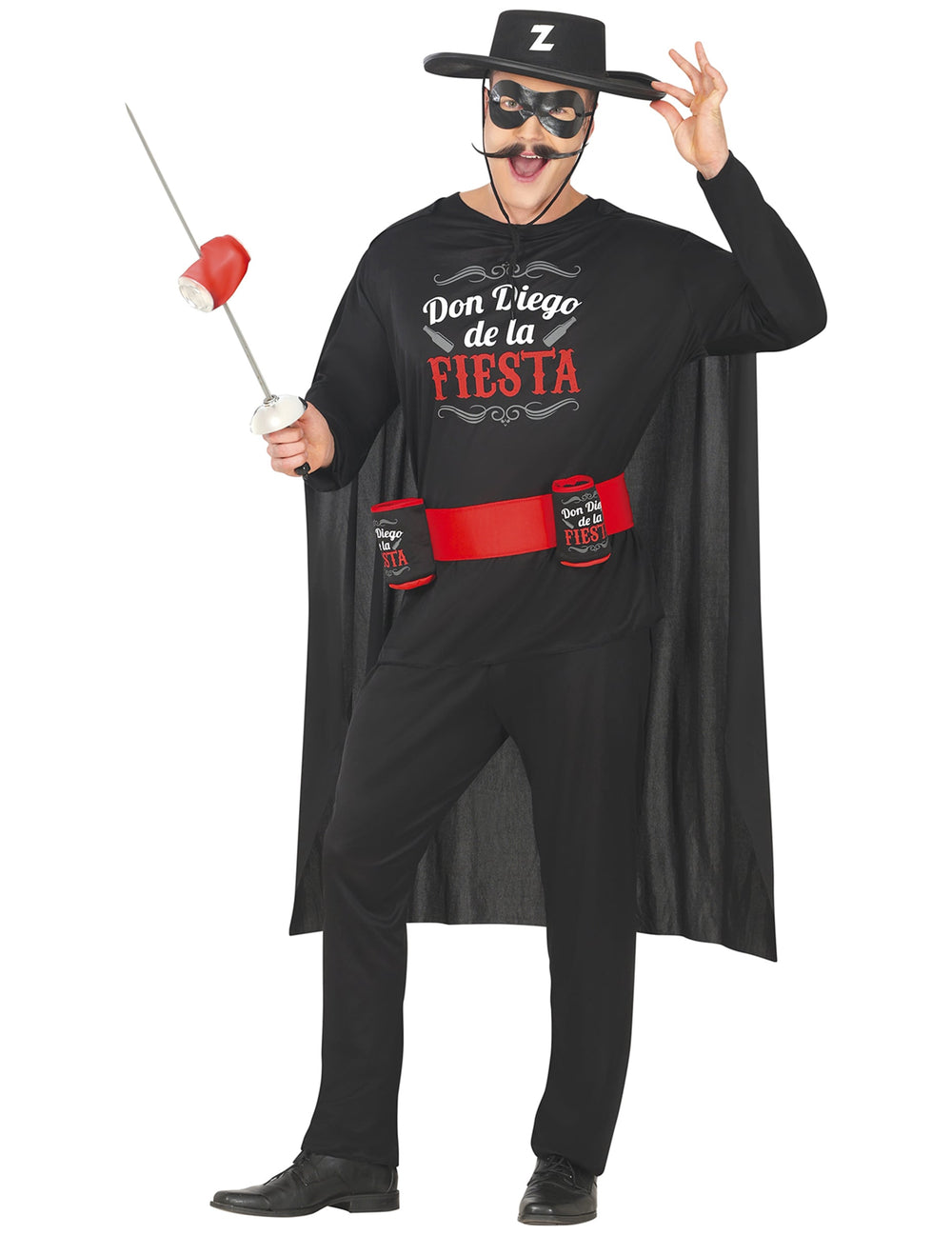 Déguisement Don Diego de la Fiesta pour homme noir et rouge avec cape et ceinture porte-boisson