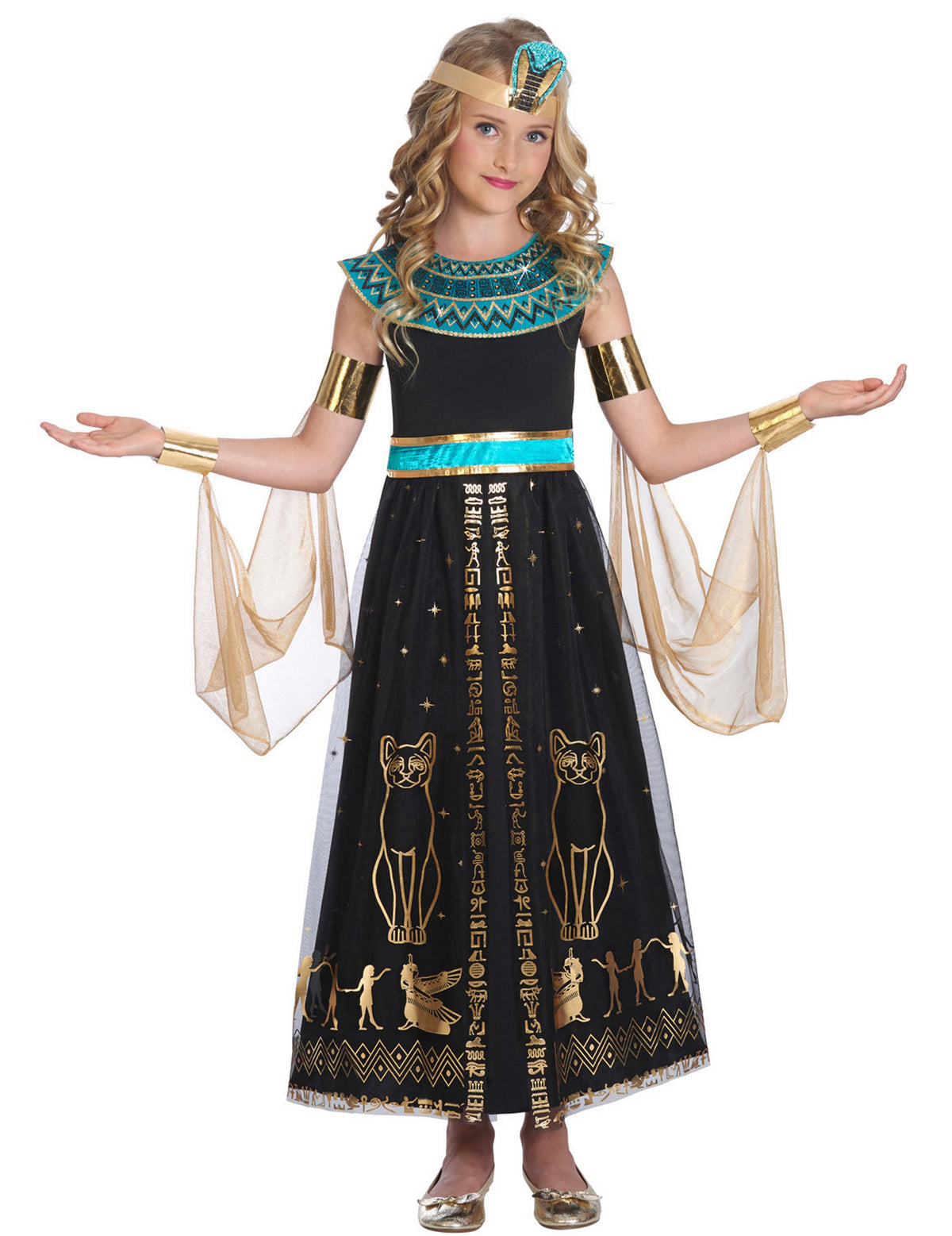 Déguisement de Cléopâtre éblouissante pour fille noir et doré avec détails turquoise