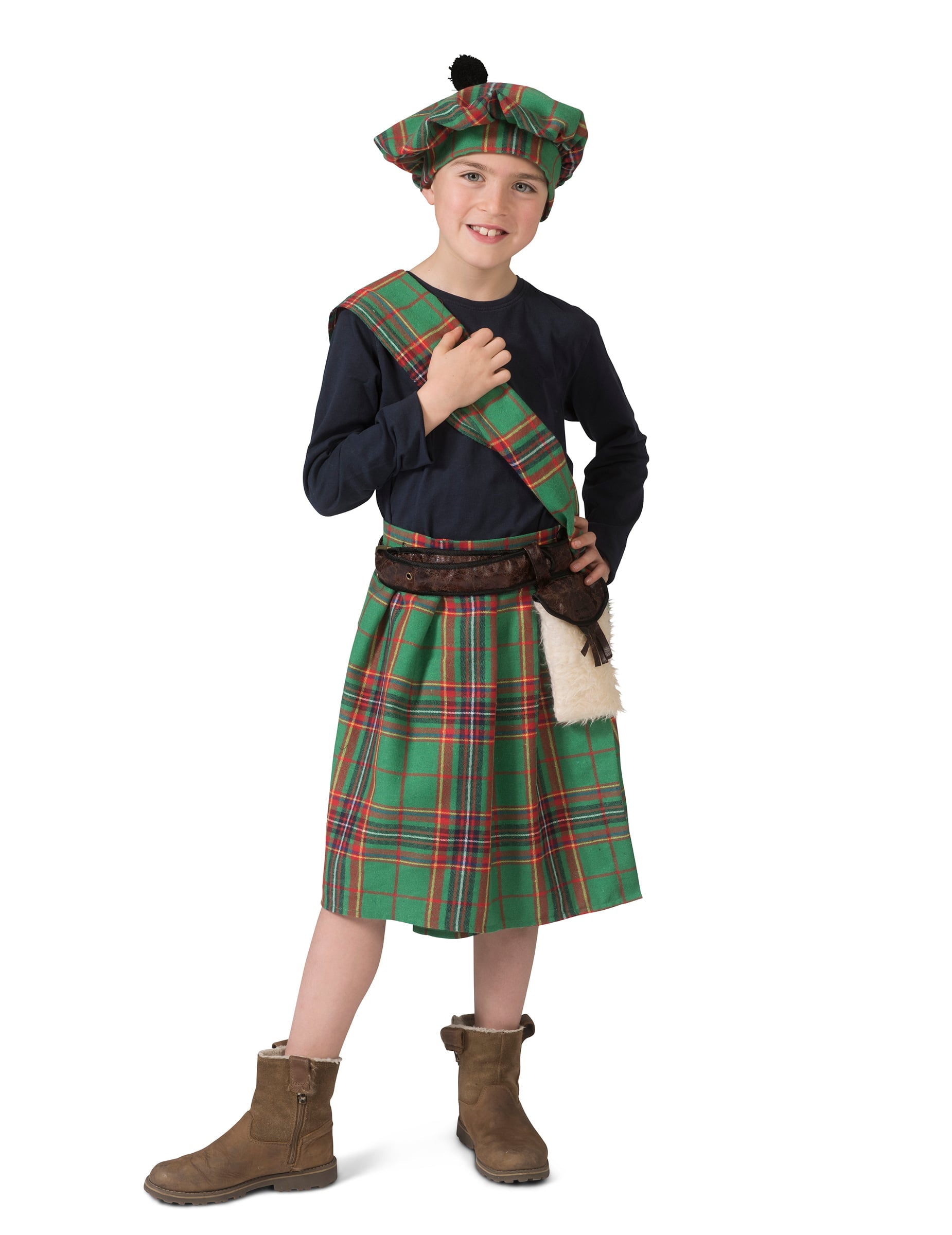 Déguisement écossais pour enfant vert à carreaux avec kilt et béret