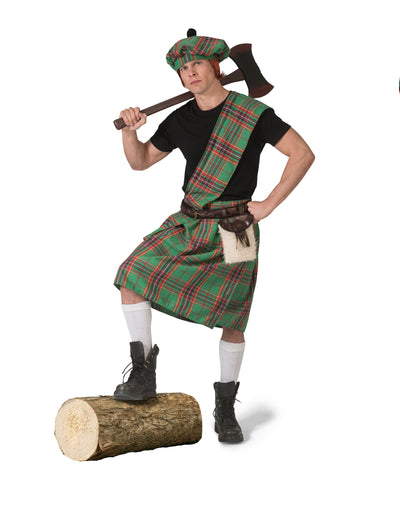 Déguisement écossais pour homme vert avec kilt et écharpe à carreaux