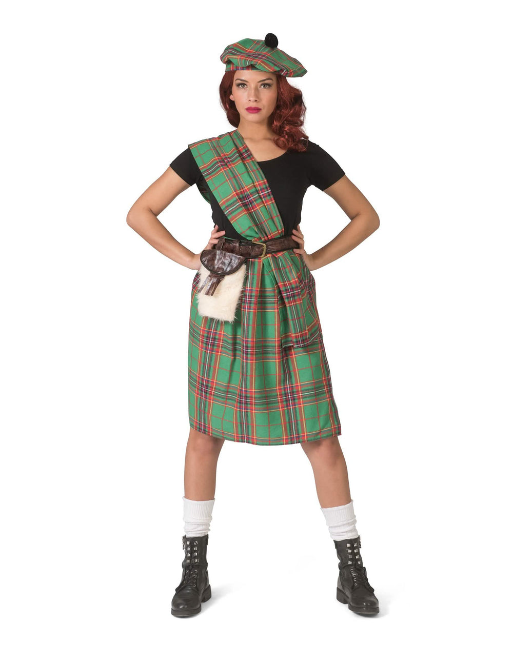 Déguisement d'écossaise pour femme verte avec kilt et béret à carreaux