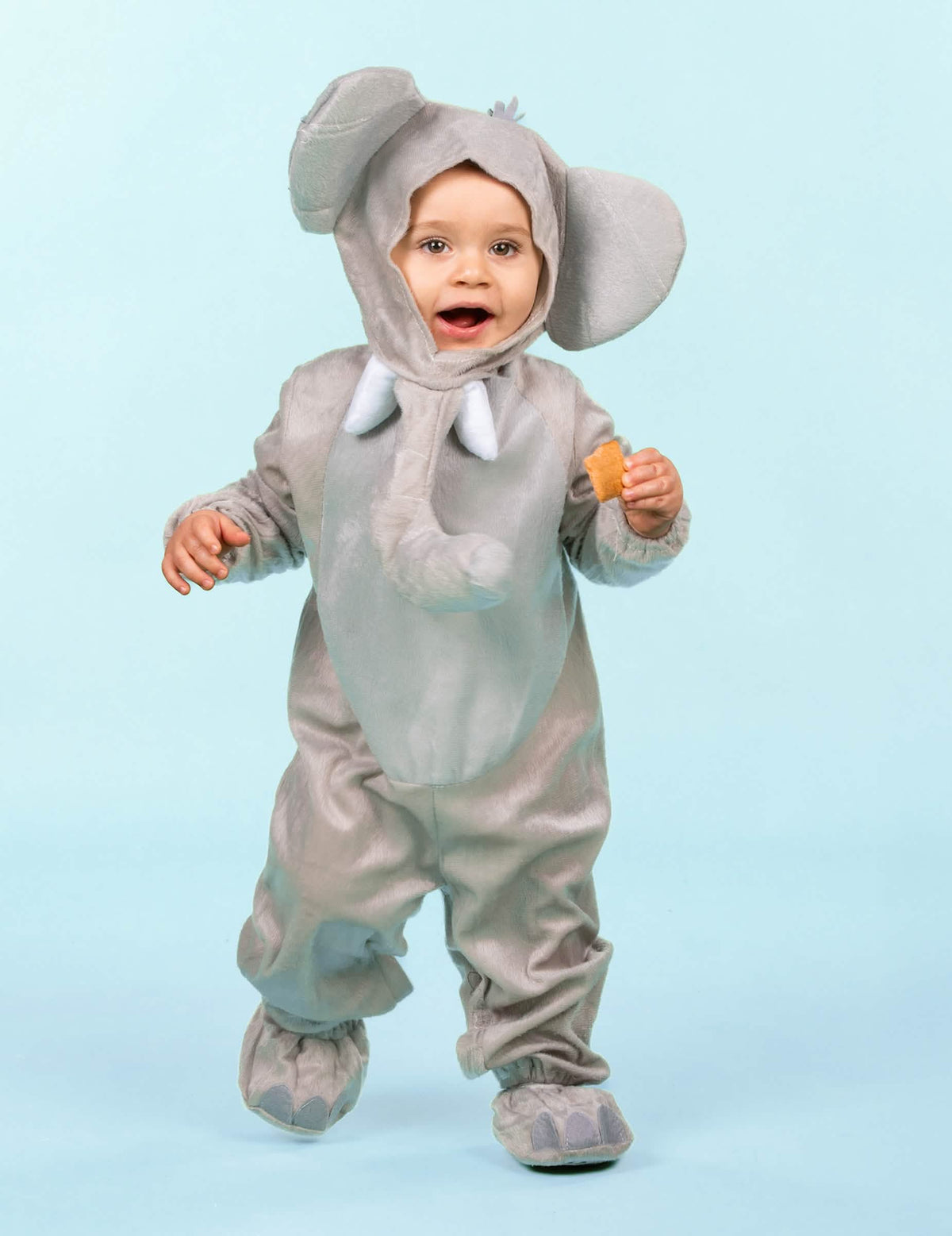 Vorderansicht des grauen Elefanten-Plüschkostüms für Baby
