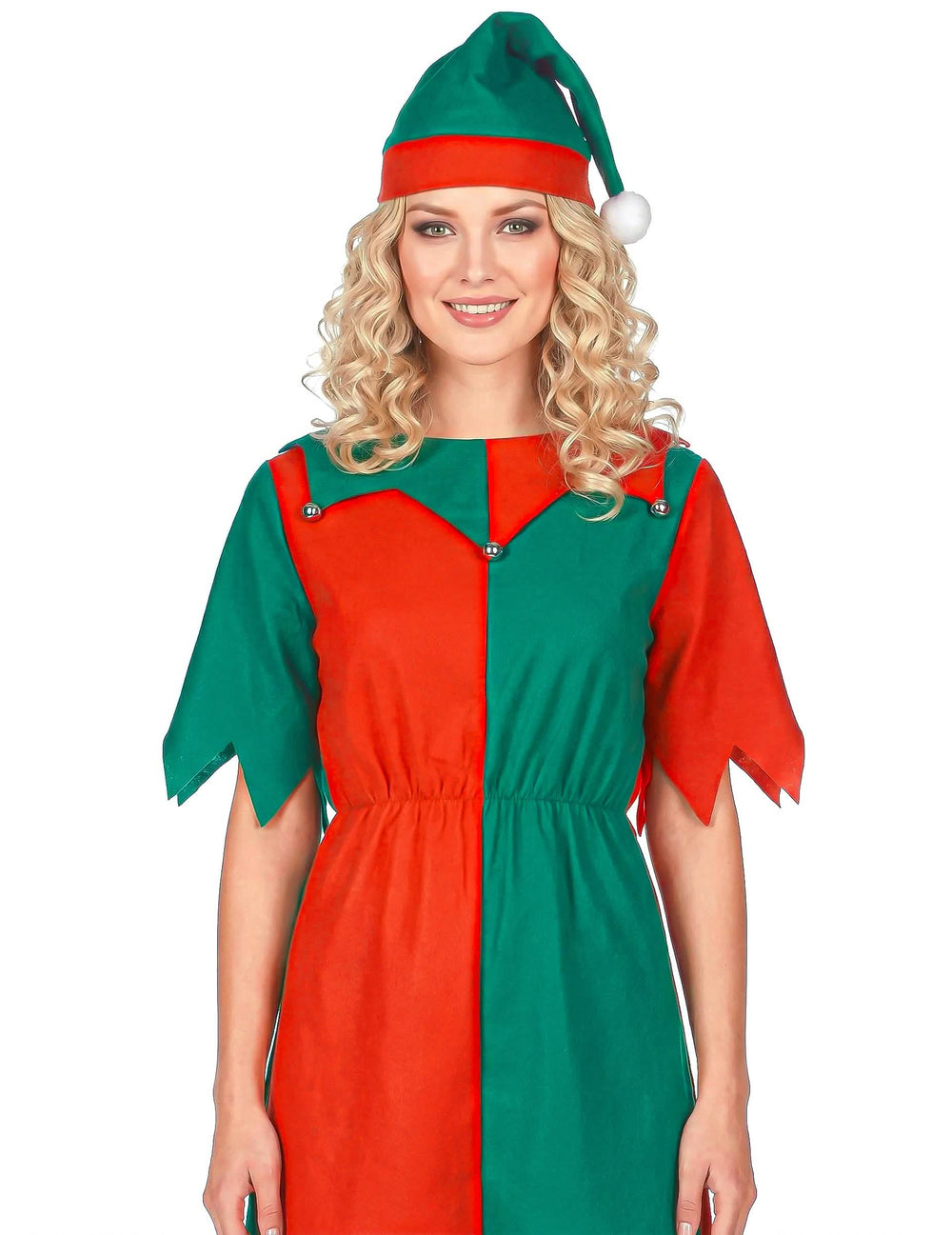 Gros plan sur le haut et le bonnet du déguisement elfe pour femme