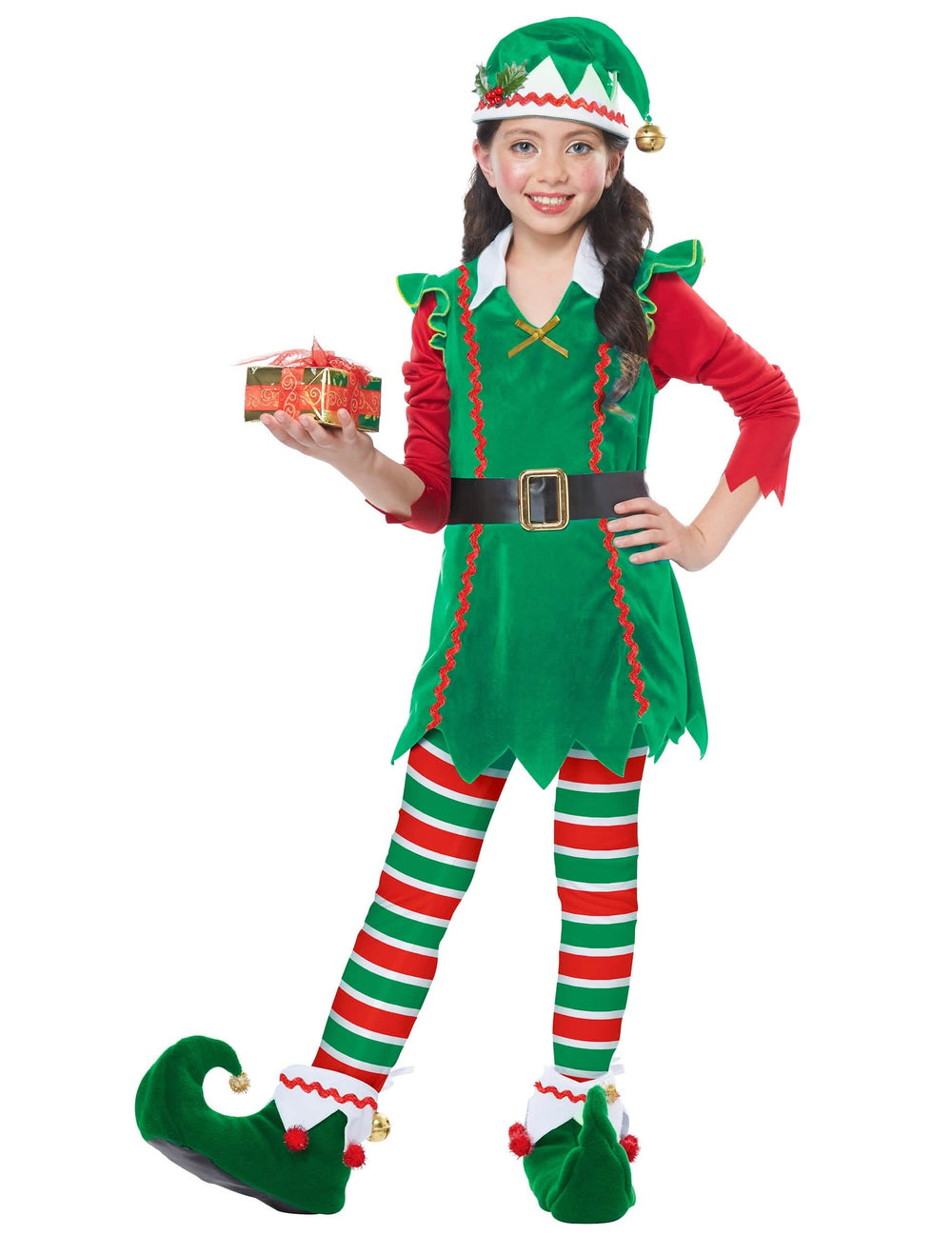 Déguisement elfe de Noël luxe pour fille vert et rouge avec bonnet et collants rayés